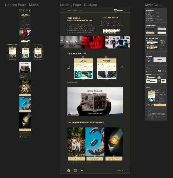 Focus Photography Club style guide and wireframe mockup.